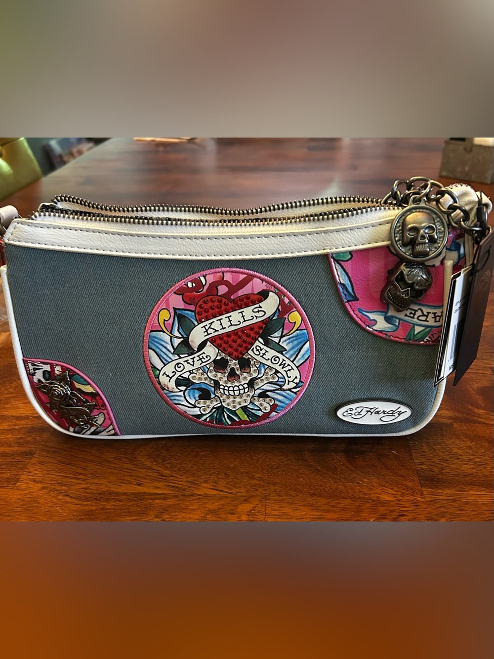 Ed Hardy Gray & Pink 'Love Kills Slowly' Shoulder and Cross Body Bag NWT